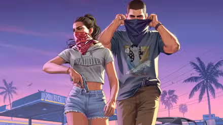 Artwork of Jason and Lucia from Grand Theft Auto 6 that shows them donning robbery masks.