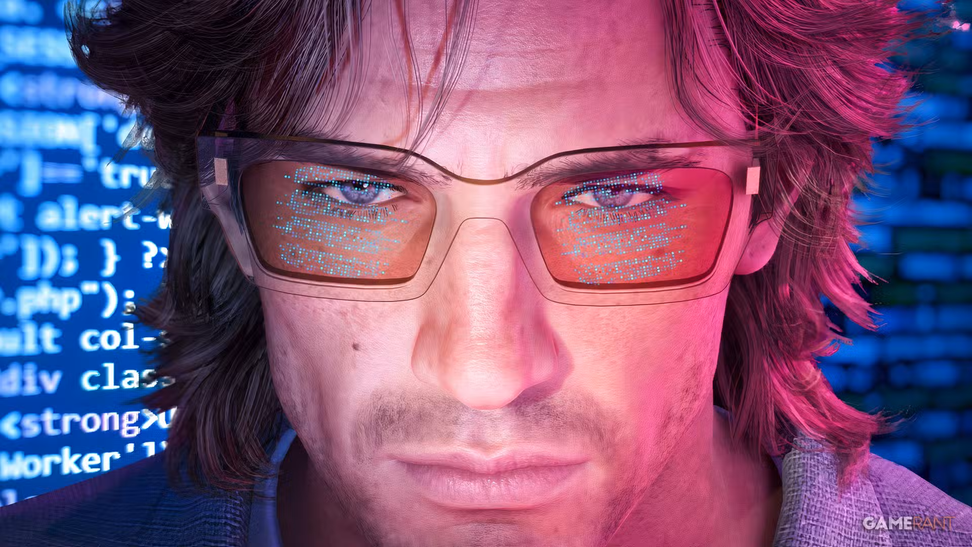 gta 6 protagonist jason's close-up shot with a reflection of computer codes in his sunglasses.
