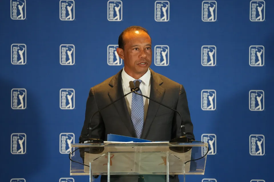 Tiger Woods speaks at a PGA Tour press conference