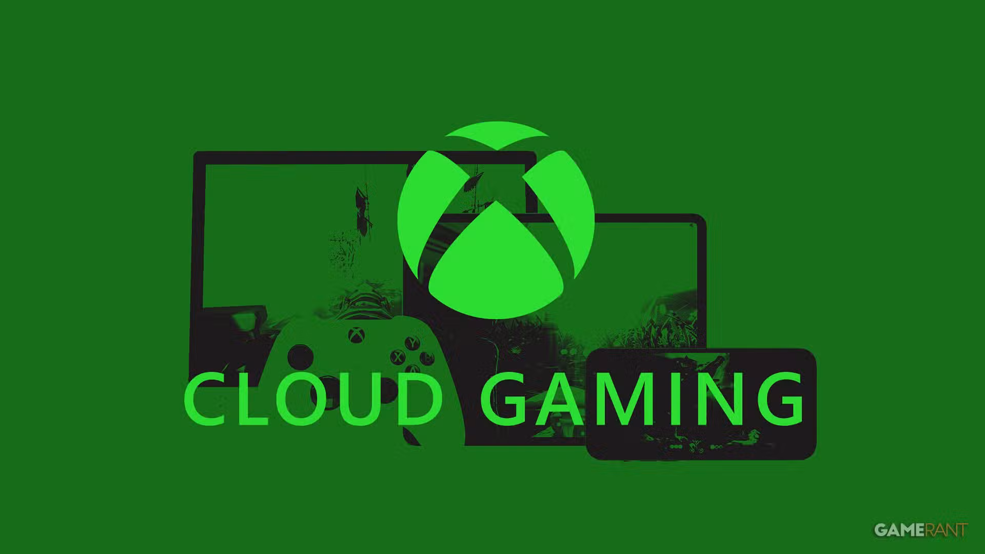 Xbox Cloud Gaming fluorescent logo over device silhouettes green background