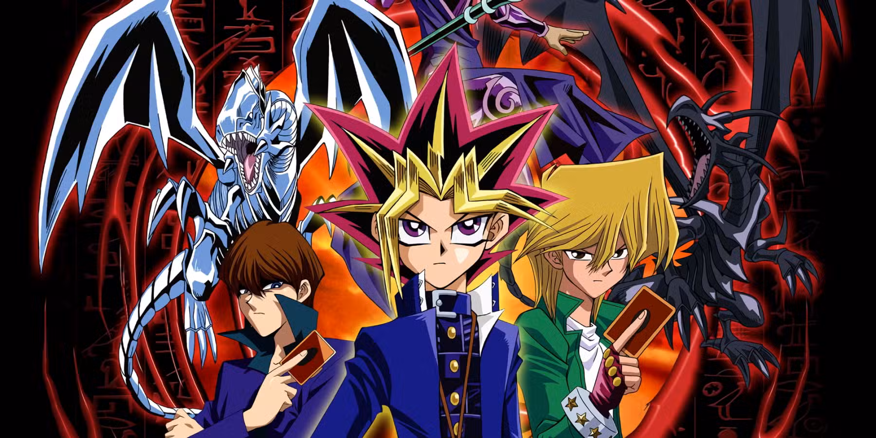 A promotional visual for the Yu-Gi-Oh anime featuring Yugi, Joey, and Kaiba.