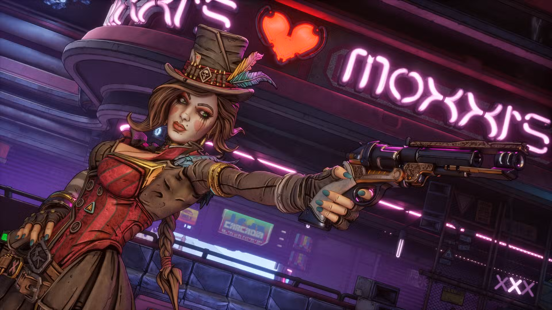 Moxxi points a gun in her bar in Borderlands 4.