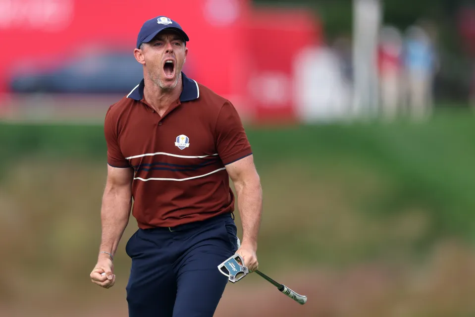 Rory McIlroy of Team Europe reacts on the 14th green during the Saturday afternoon four-balls matches of the 2025 Ryder Cup at Black Course at Bethpage State Park Golf Course on September 27, 2025 in Farmingdale, New York.