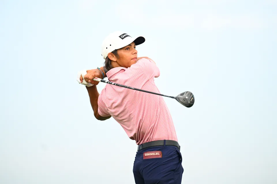 Charlie Woods hits his tee shot during the third round of the 2026 Junior PGA Championship at PGA Frisco Fields Ranch East on Thursday, July 30, 2026