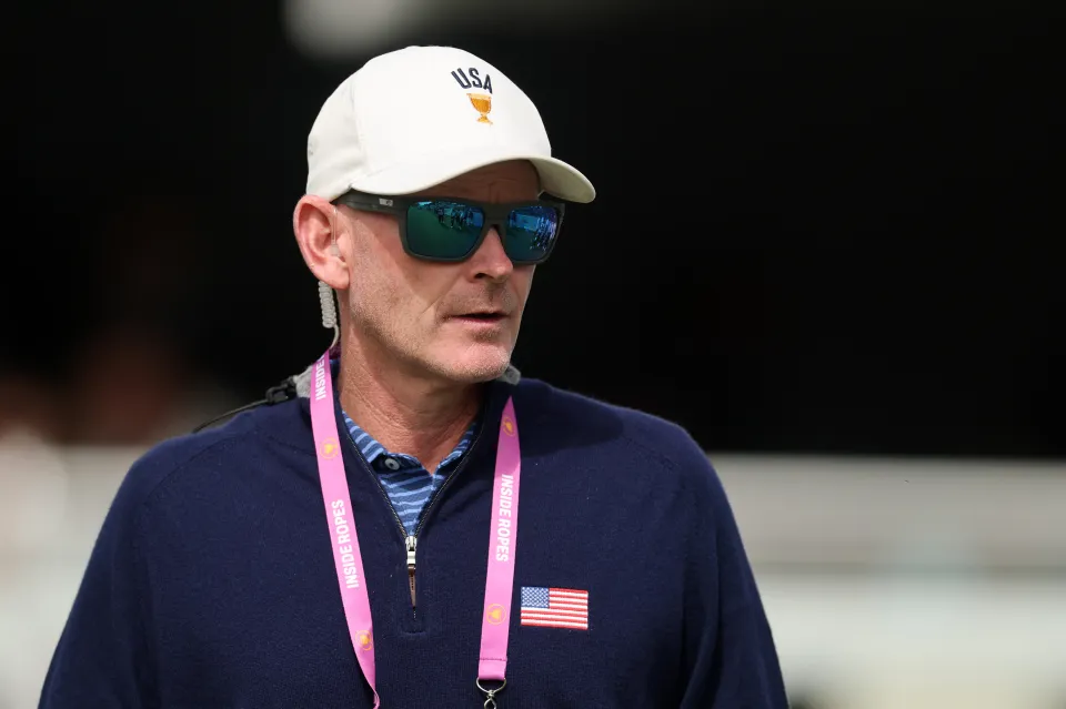 Captain Brandt Snedeker of the U.S. Team looks on from the first tee during Thursday's Four-ball matches on day one of the Presidents Cup 2026