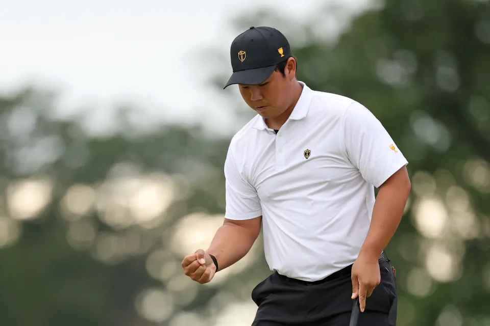 Tom Kim of South Korea and the International Team reacts on the 15th green during Thursday's Four-ball matches on day one of the Presidents Cup 2026 at Medinah Country Club on September 24, 2026 in Medinah, Illinois.