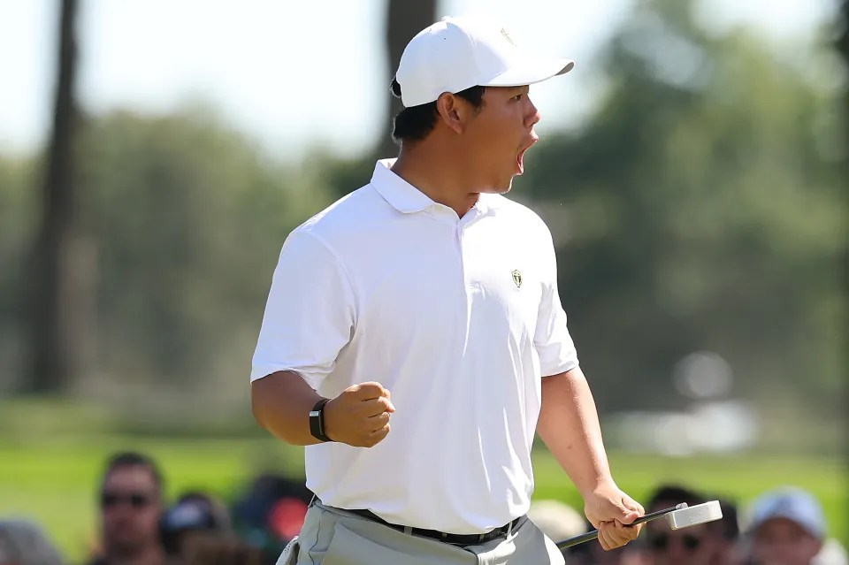 Tom Kim of South Korea and the International Team reacts on the 17th green during Saturday's Four-ball matches on day three of the Presidents Cup 2026 at Medinah Country Club on September 26, 2026 in Medinah, Illinois.