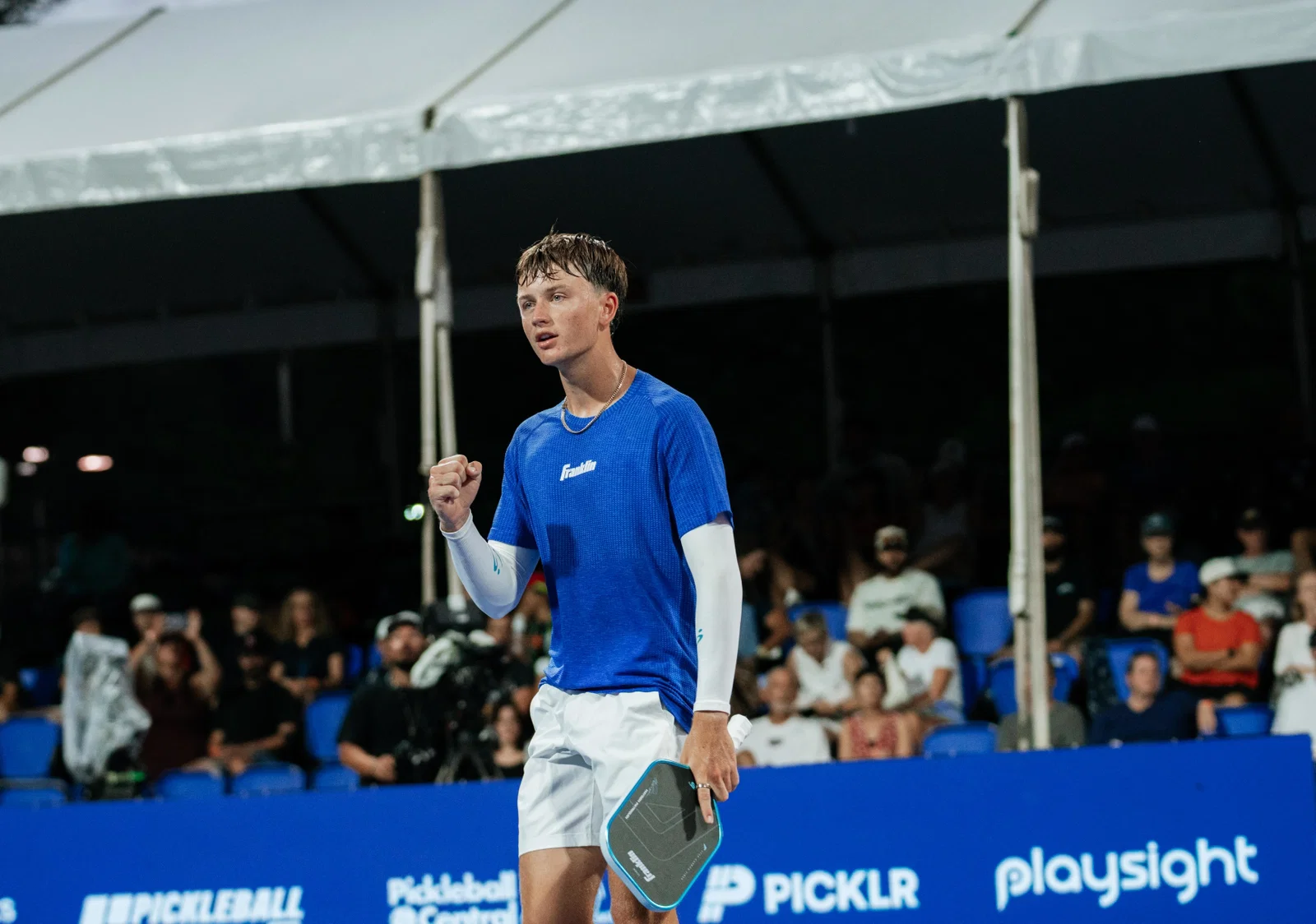 Hayden Patriquin celebrating a victory at the Veolia Pickleball National Championships in Cary, NC.